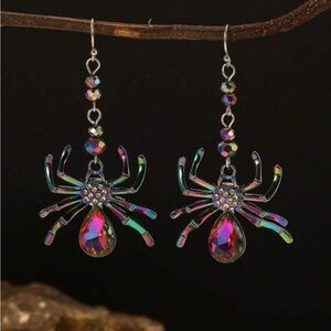Goth Spider Dangling Earrings, Purple, Iridescent beads, faux jewel body…